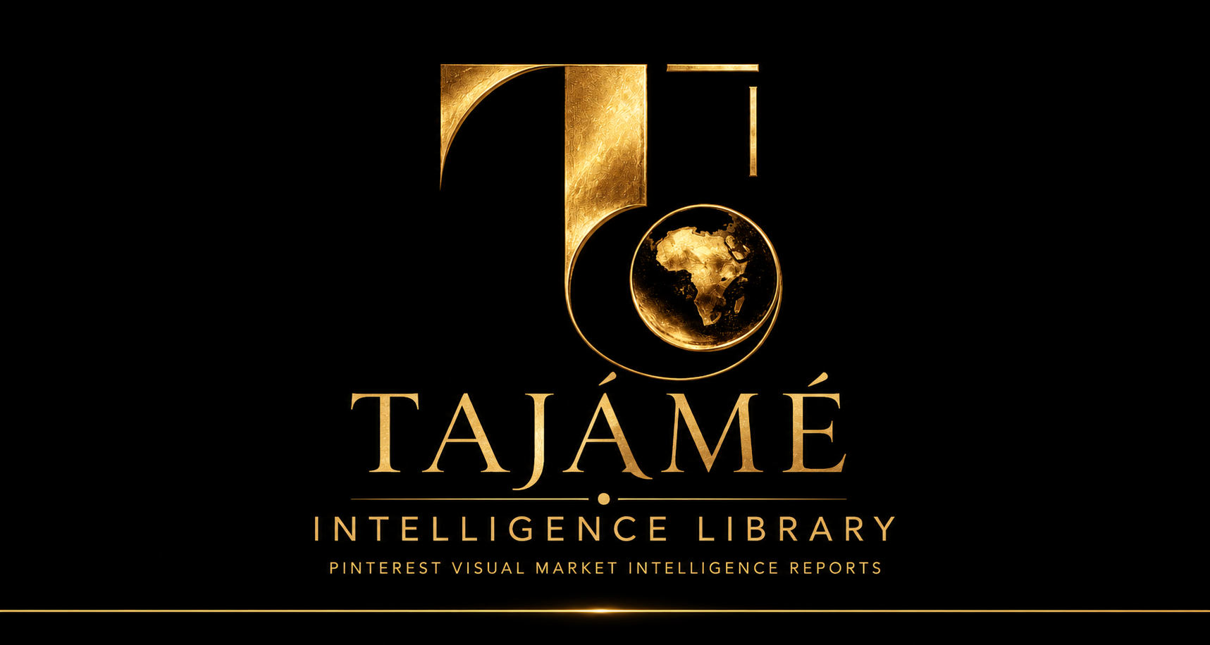 A black square graphic with a large metallic gold logo and the text 'TAJÀMÉ INTELLIGENCE LIBRARY' and 'PINTEREST VISUAL MARKET INTELLIGENCE REPORTS' in gold.